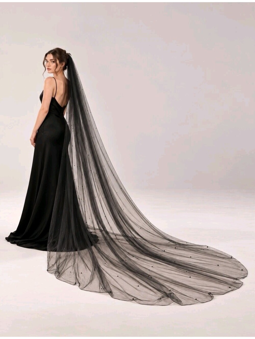 Black Tule Veil Cathedral Length 113 x 64 in with Black Pearls & Metal Comb